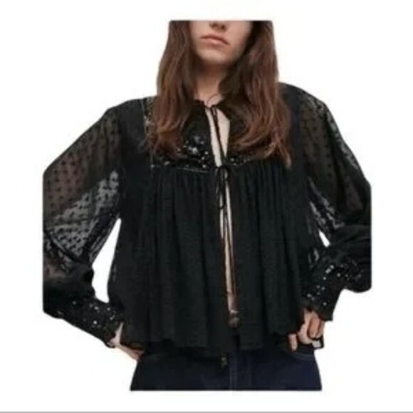 Zara Black Tasseled sequined Dotted Mesh Blouse XS - Picture 1 of 15